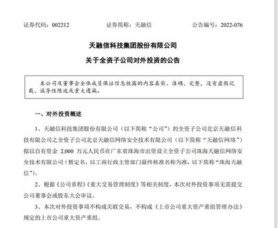 天融信子公司珠海投資2000萬(wàn)元設(shè)立網(wǎng)絡(luò)安全技術(shù)公司，加碼計(jì)算機(jī)軟硬件制造布局